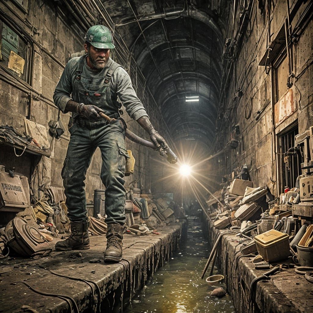 Plumber in Gritty Sewer Tunnel Amidst Filthy Decay