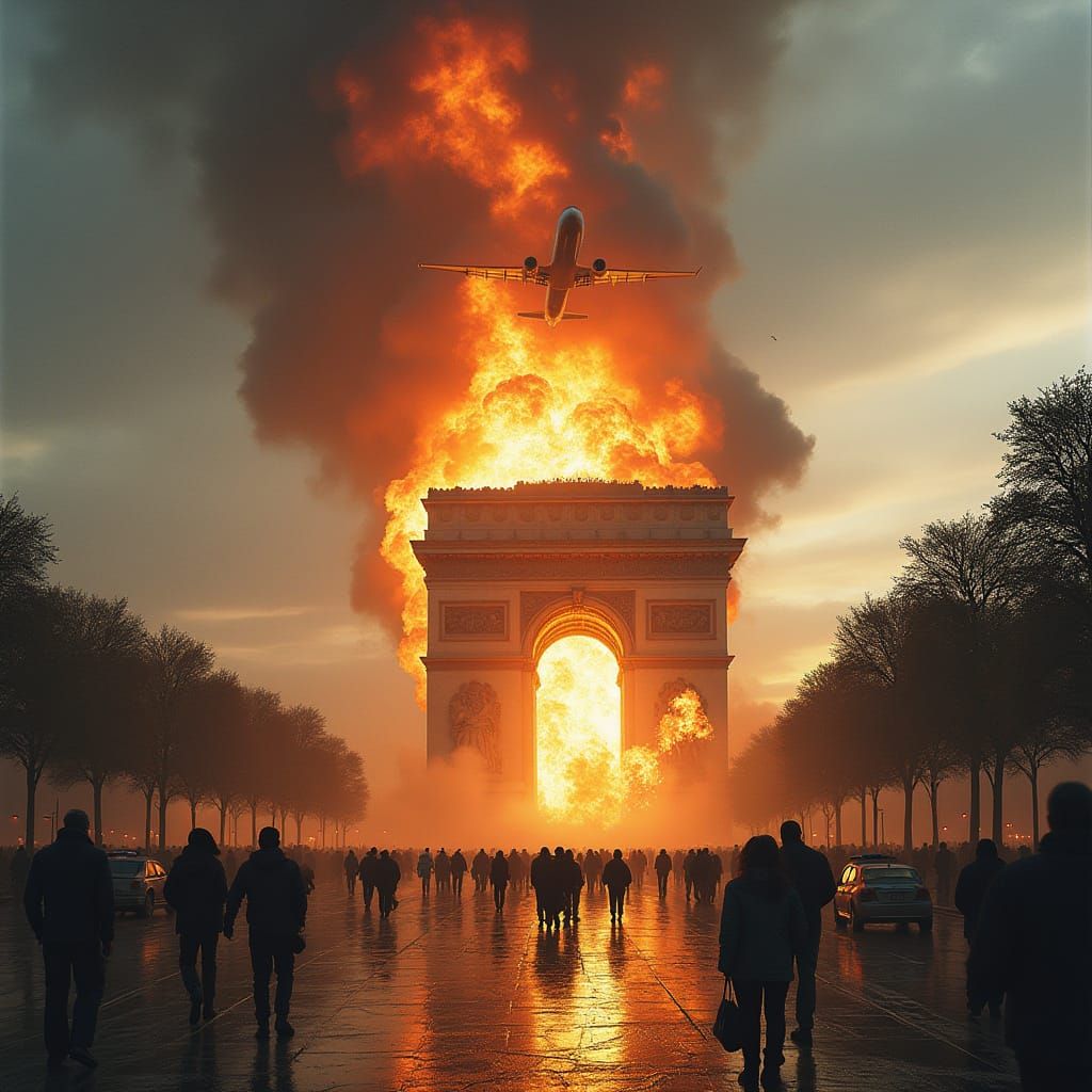 Airplane Crash into Artistic Monument Amid Chaos and Panic