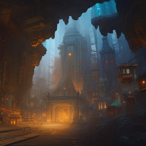 Fantastical Deep Color Underground City Art