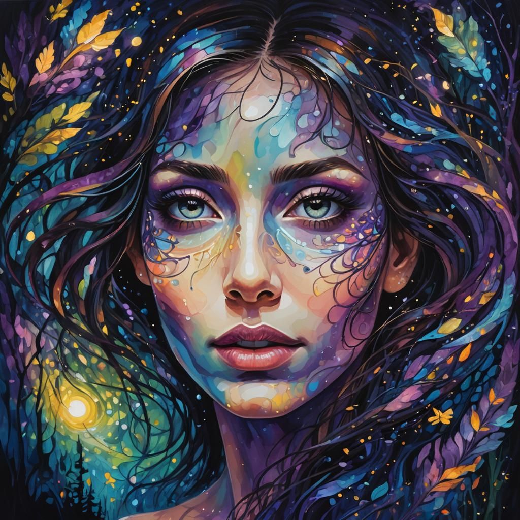 Ethereal Abstract Portrait with Firefly Night Forest