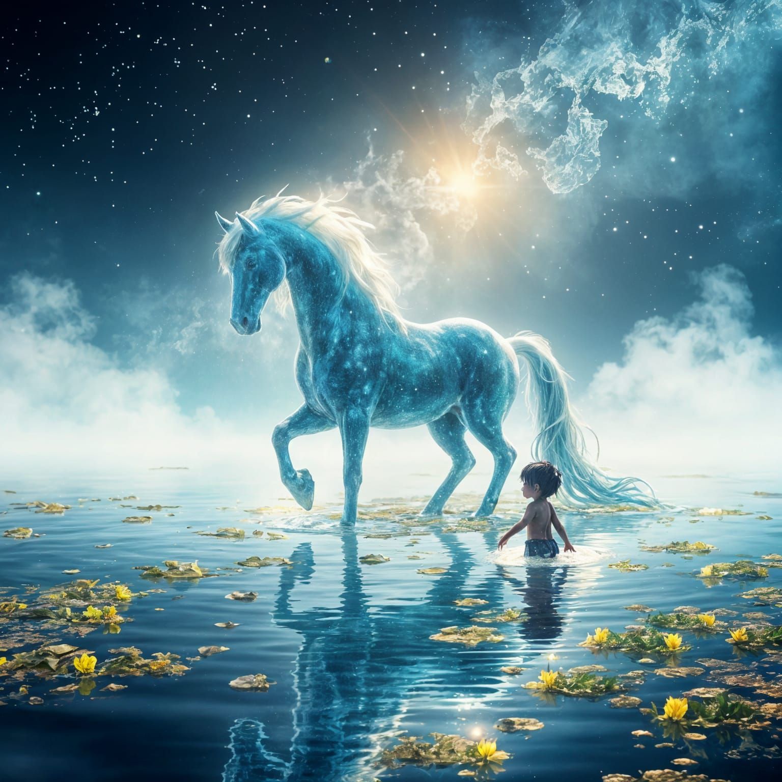 Water Horse Lures Child Under Starry Sky