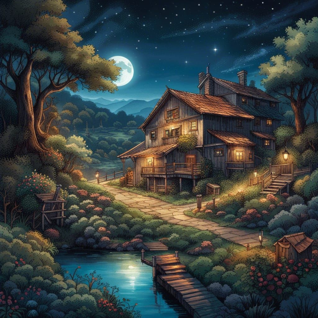 Hyperrealistic Village Under Starry Moon, Digital Art