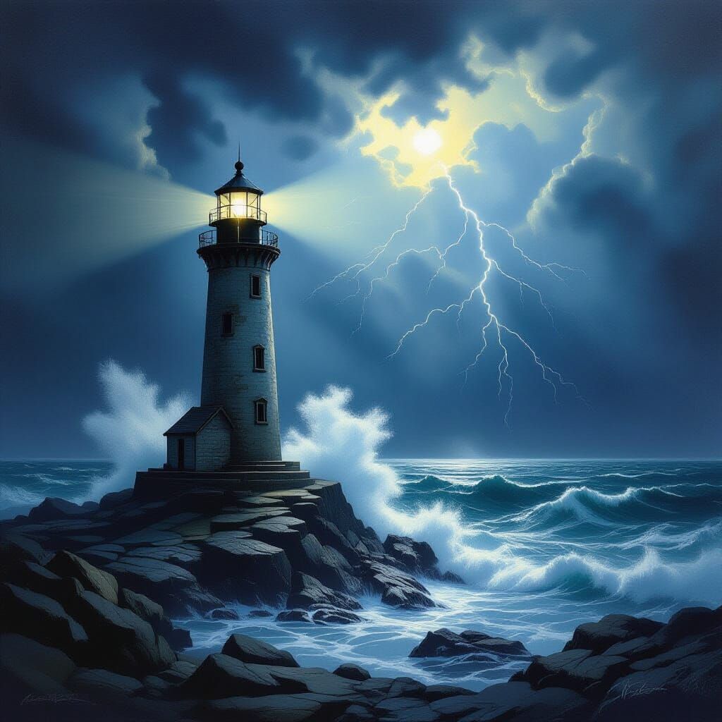 Lighthouse Beam Pierces Stormy Seas in Turner-Inspired Style