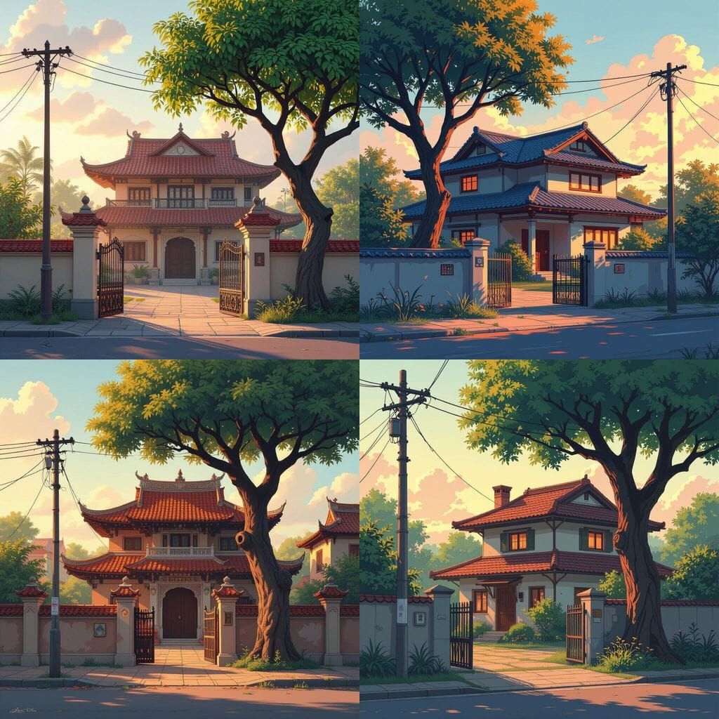 Indian Home with Gate, Tree, and Electric Pole at Sunrise