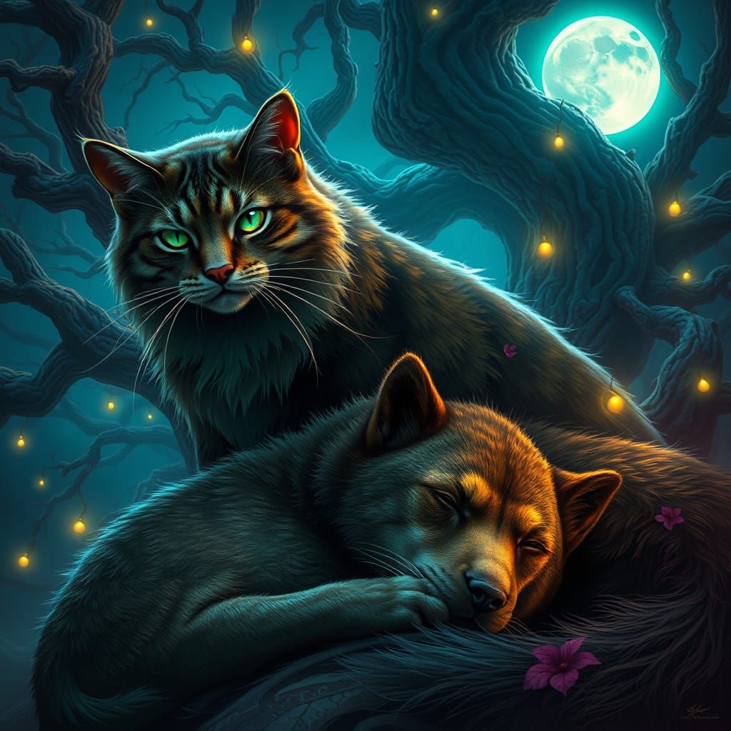 Regal Cat Watches Over Slumbering Dog in Mystical Forest