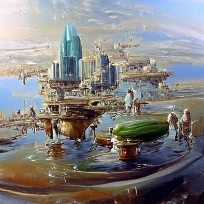 Advanced City on Water Planet: Oil Painting