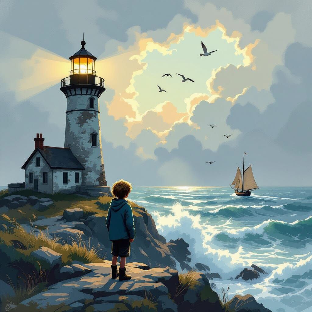 Boy on Cliff Overlooking Stormy Sea with Lighthouse