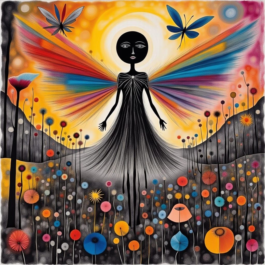 <lora:Patchwork Flux:1.0> <lora:DDM Calavera 2:1.0> <lora:Dandelion Fairies:1.0> <lora:Death River:1.0>  Kids Crayon dra...