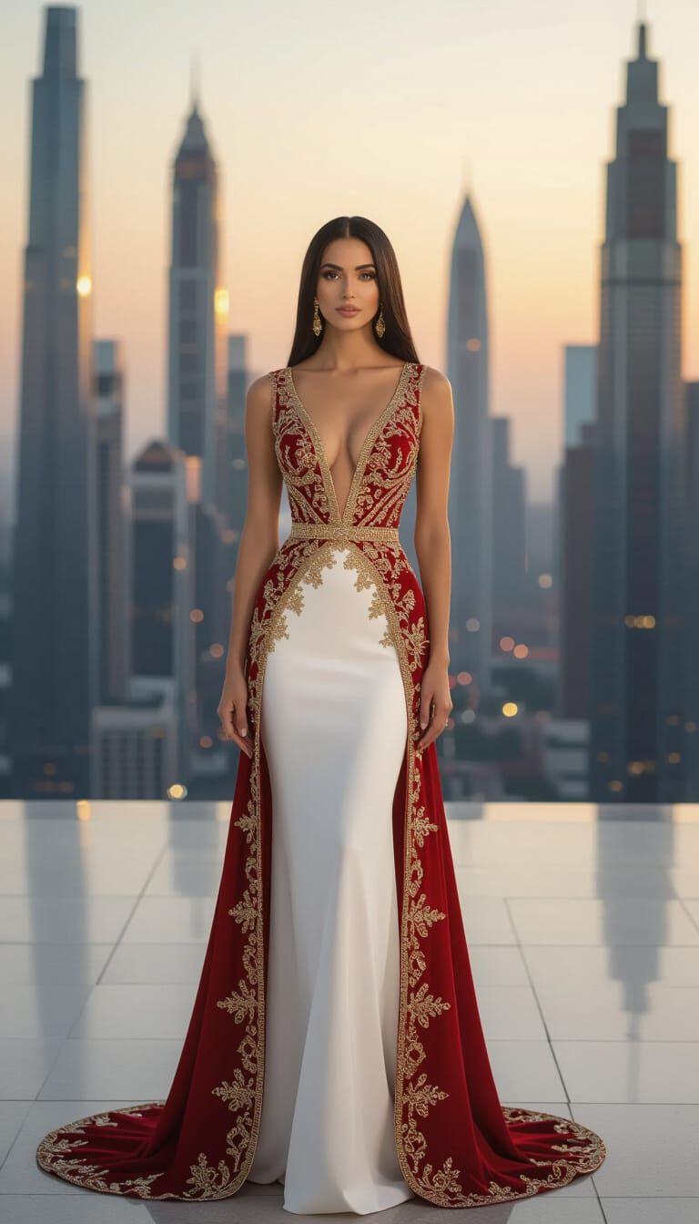 Elegant Arab Woman in Couture Gown at Golden Hour