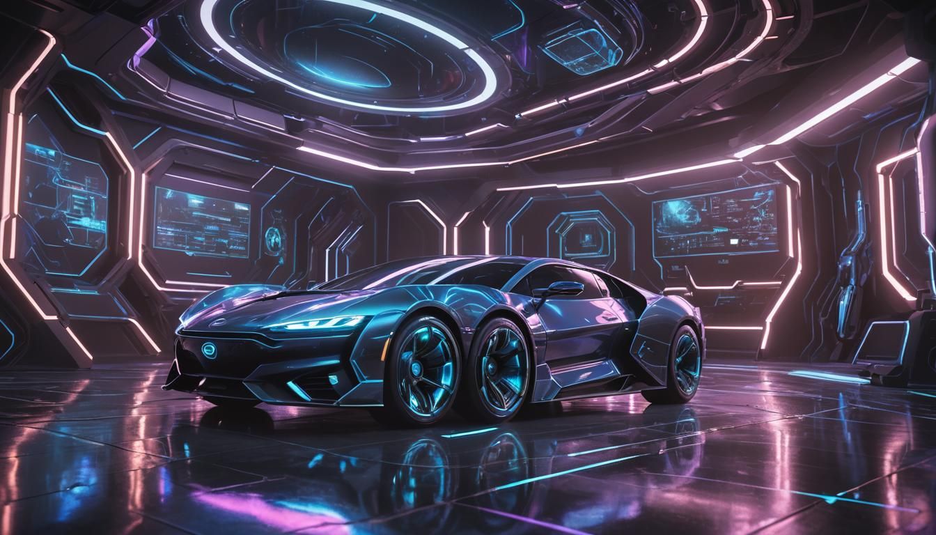 Bioluminescent Car in Neon-Noir Sci-Fi Laboratory