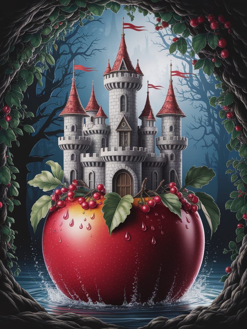 Fairy Tale Castle Amidst a Whimsical Apple Landscape