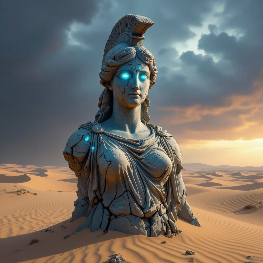 Athena Statue in Stormy Desert, Ancient Power Glows