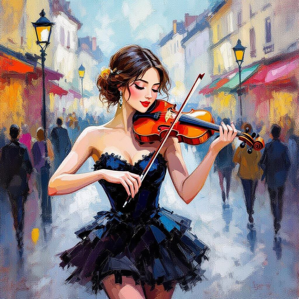 Violinist in Bustling Street, Gouache and Watercolor Style