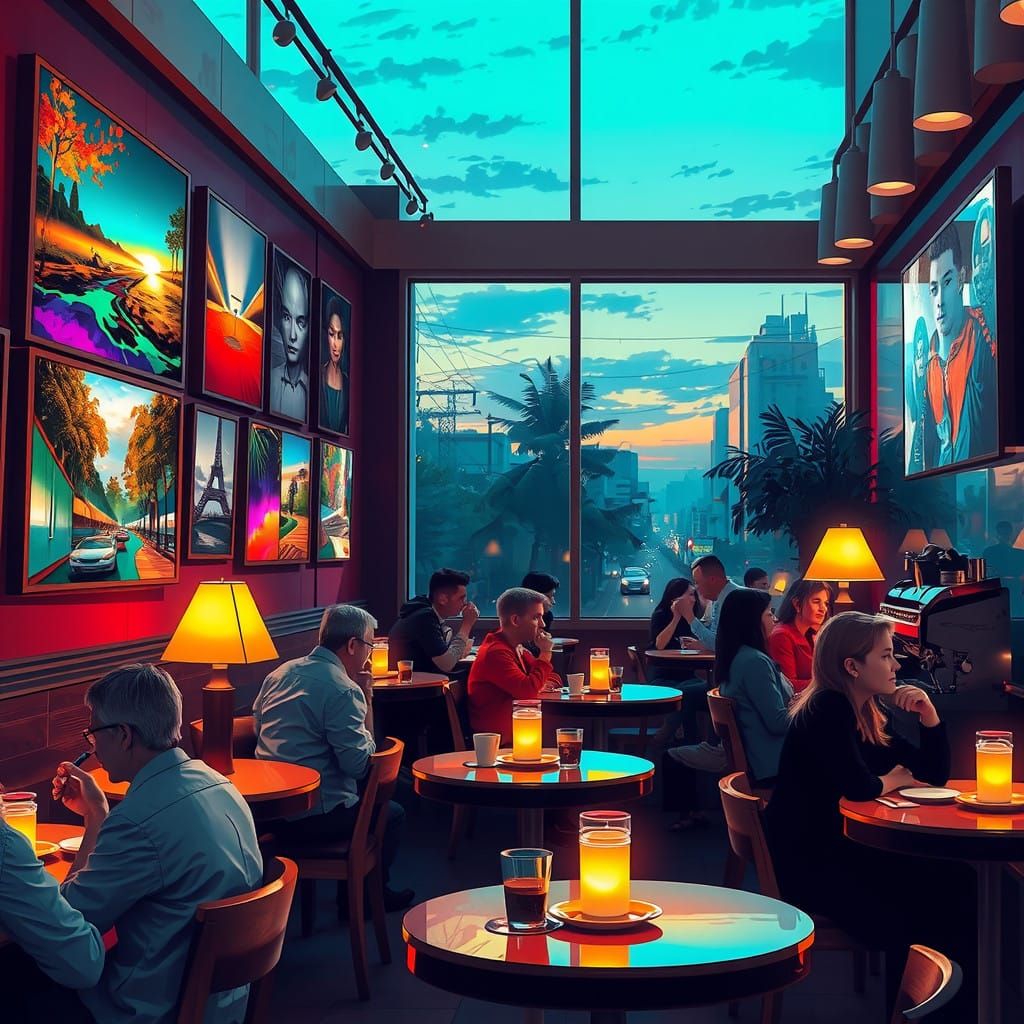 Lively Coffee Shop Art Gallery by Night in Vibrant Colors