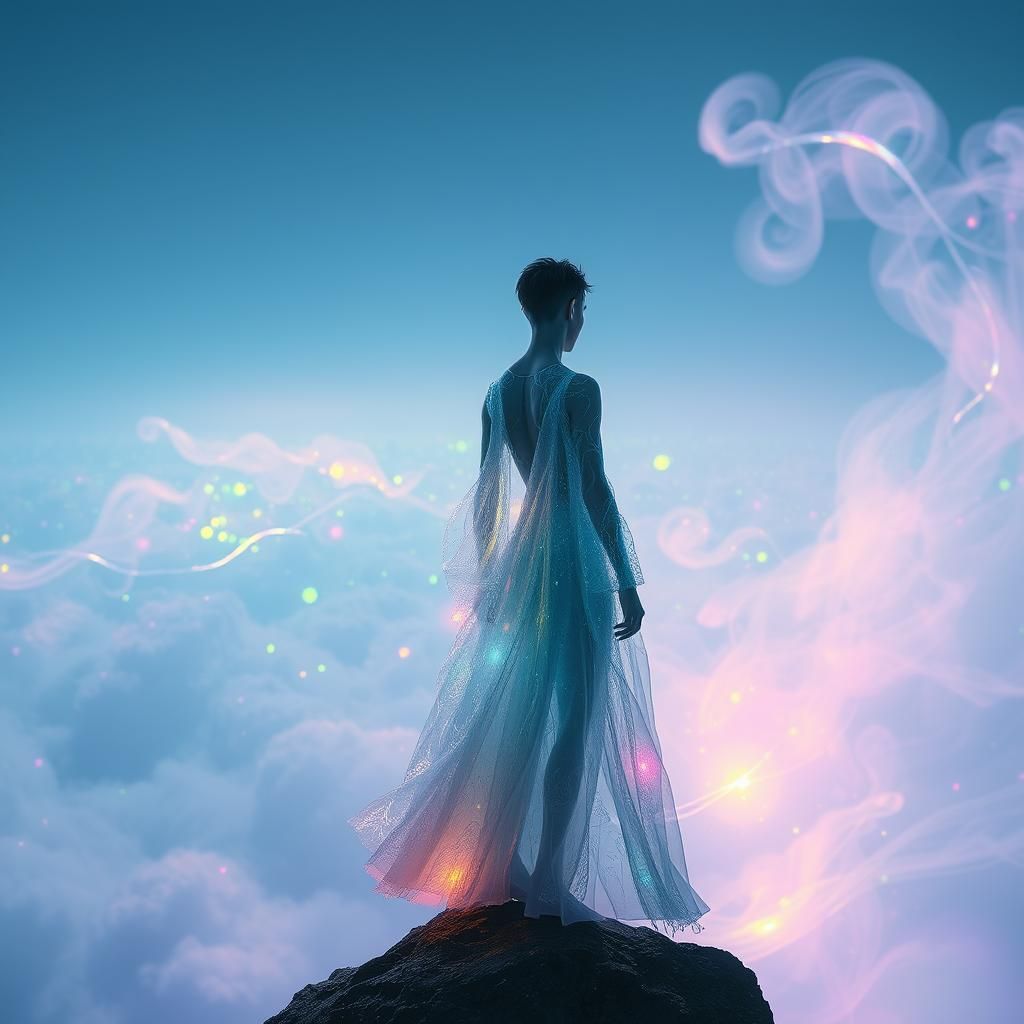Androgynous Figure at Edge of Shimmering Expanse