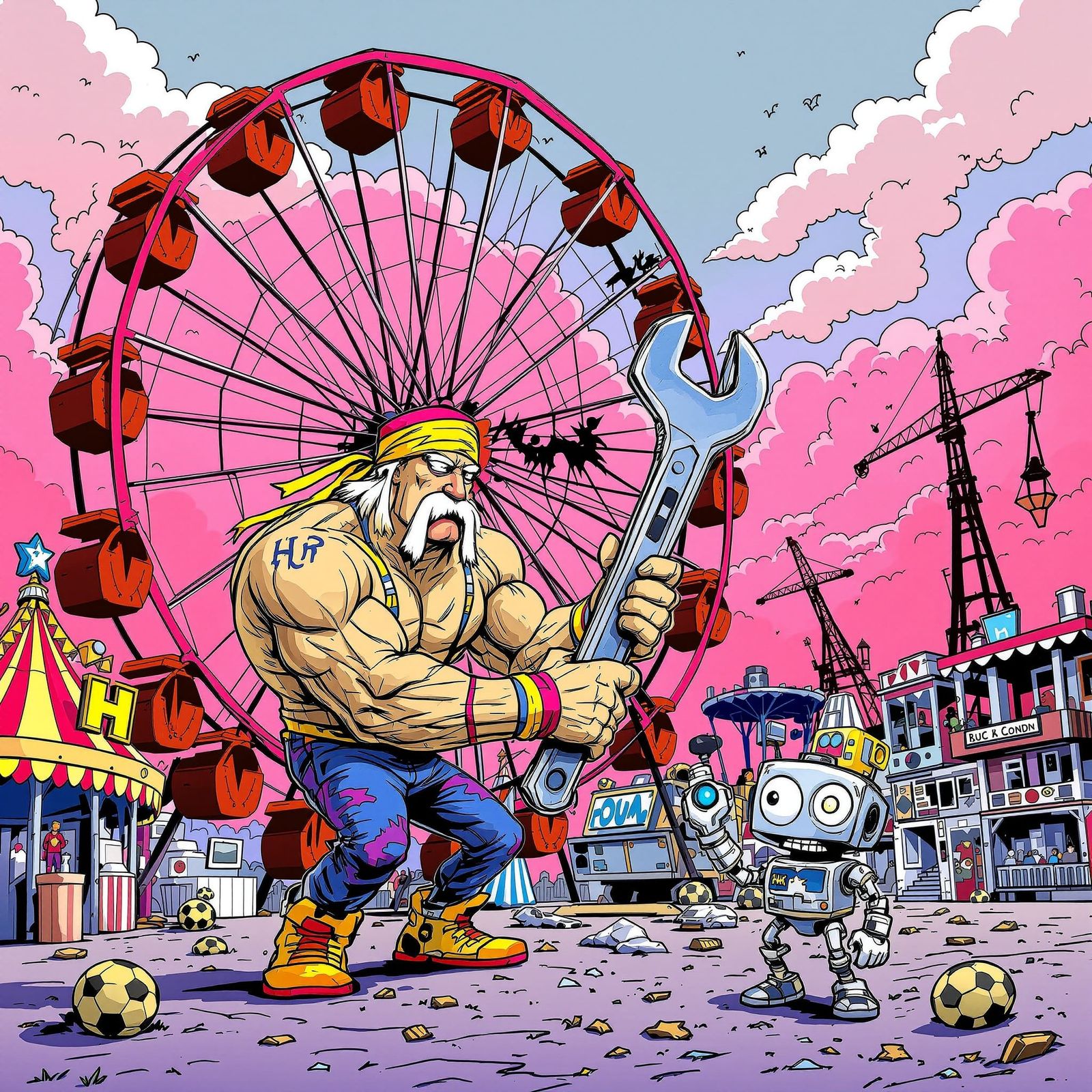 Hulk Hogan Fixes Ferris Wheel in Surreal Pop Art Style