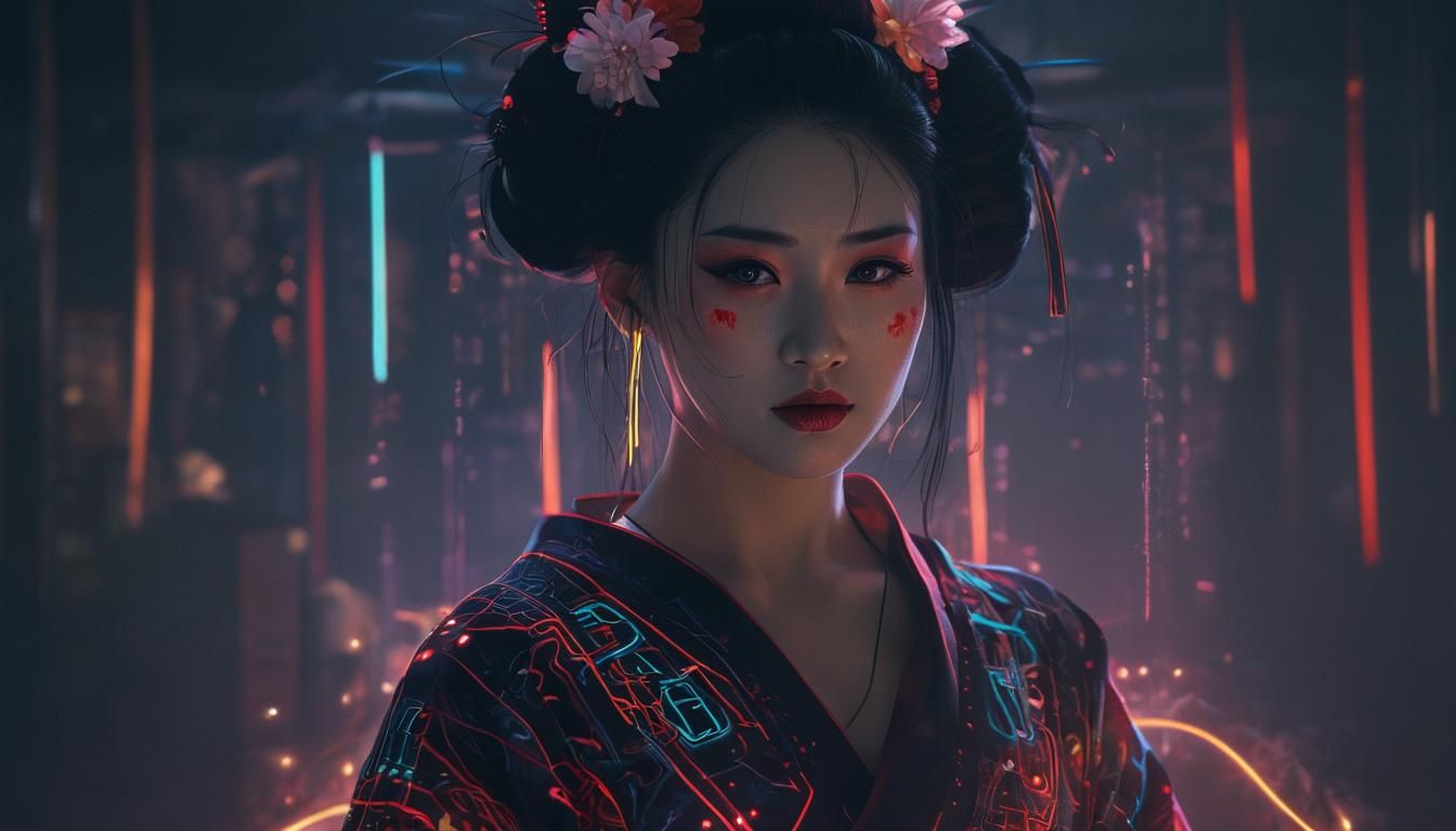 Neon Cyber-Geisha Portrait in Art Nouveau Style