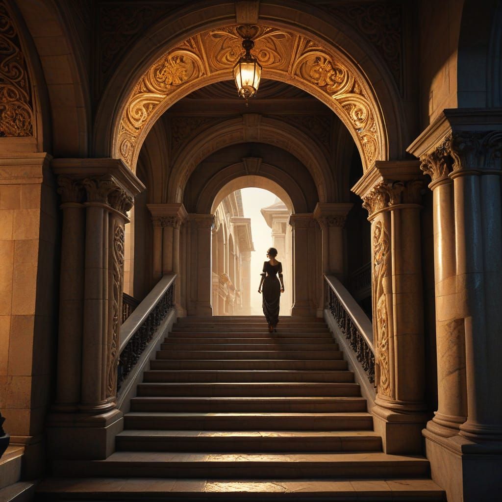 Ethereal Woman Ascends Baroque-Inspired Staircase