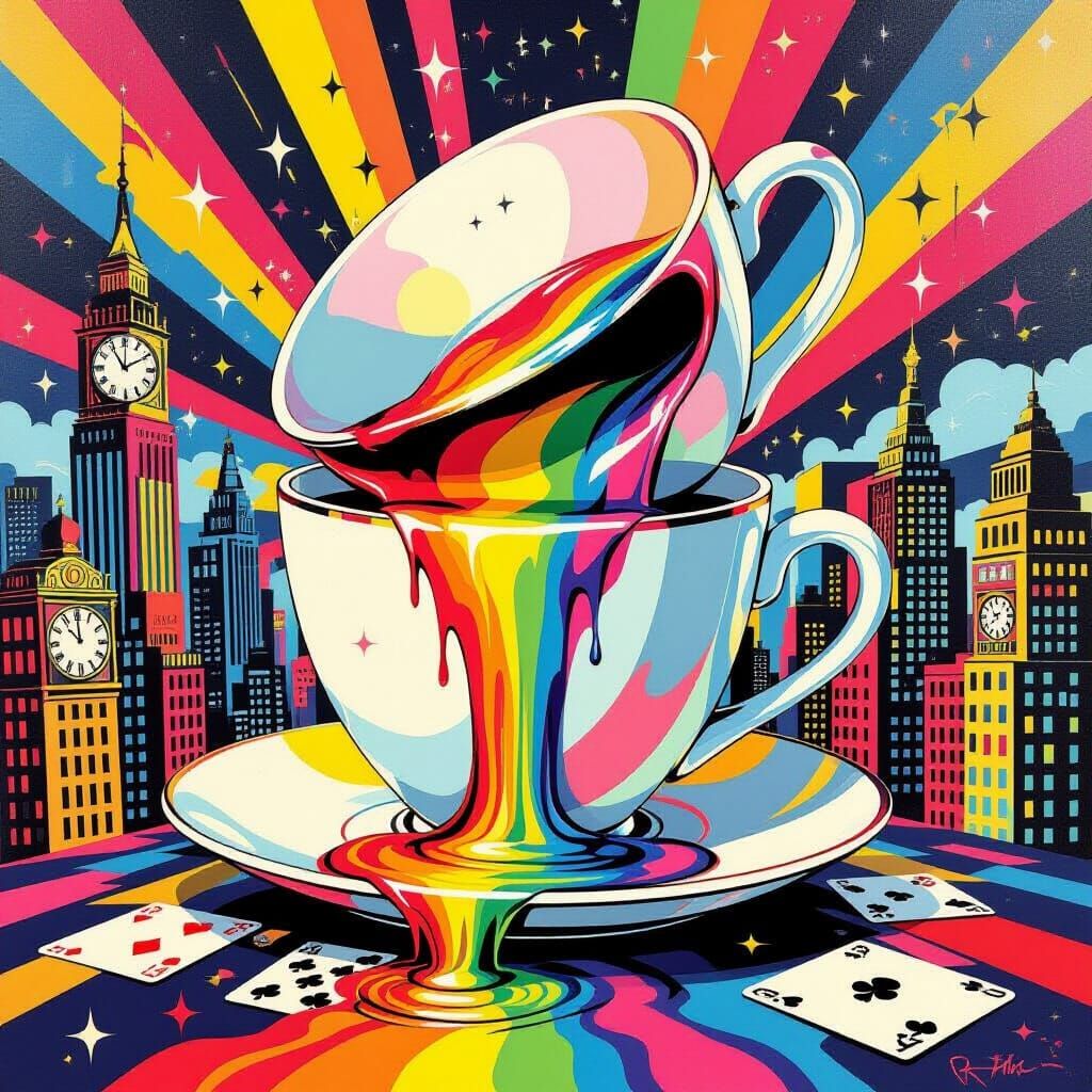Rainbow Cascade: Pop Art Teacup Over Cityscape