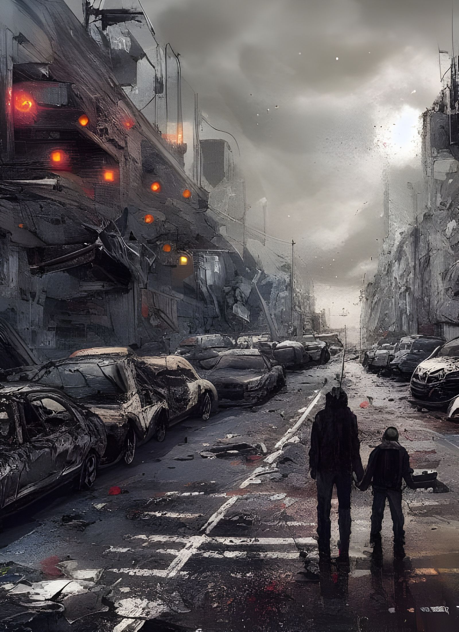 Post-Apocalyptic Father and Son Roadside Scene