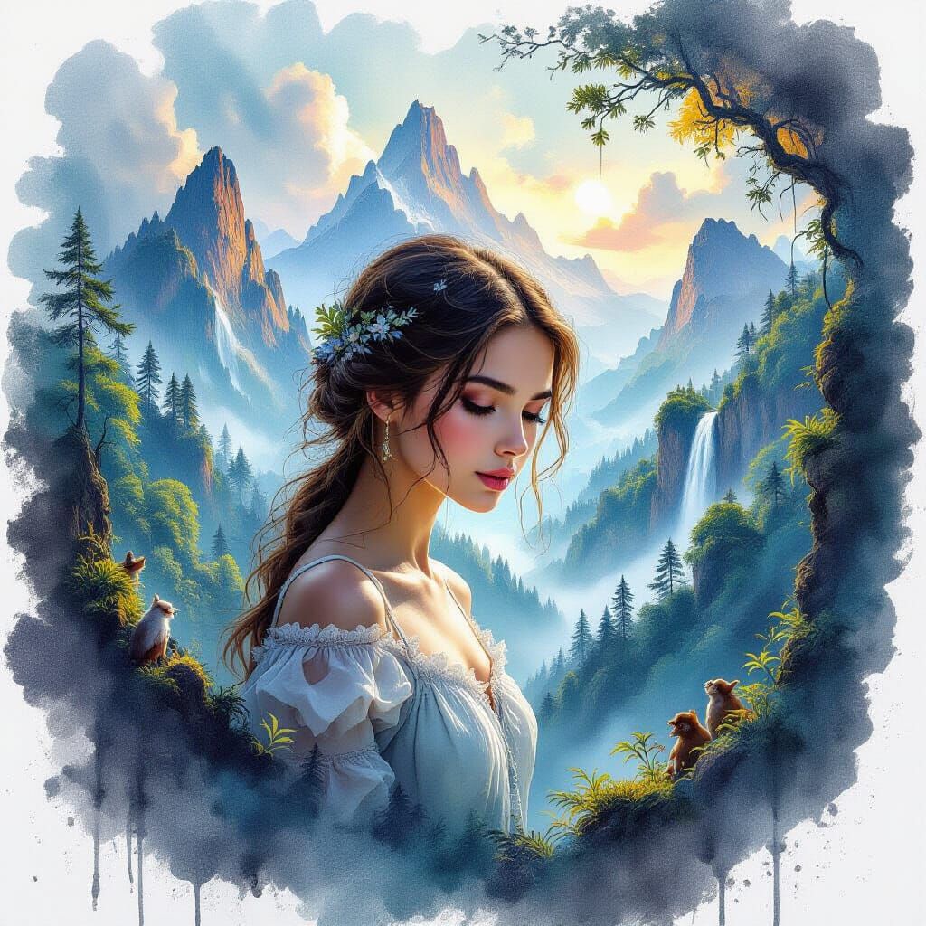 A captivating and enchanting artwork featuring a young woman...
