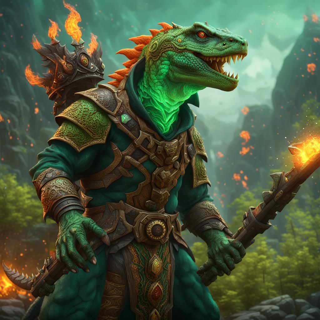 Green Lizardfolk Druid Flame Caster Fantasy Art
