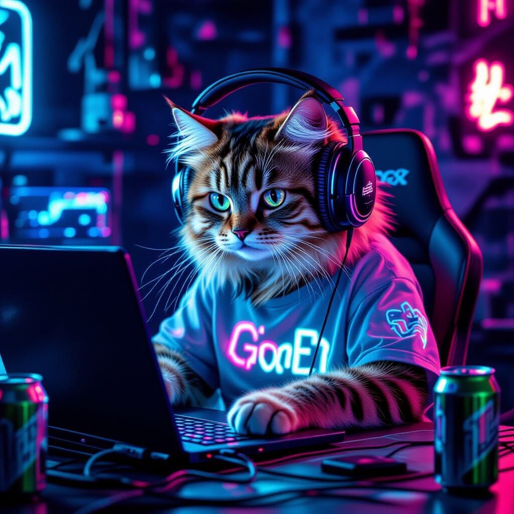 Cyberpunk Cat Gamer Immersed in Neon-Lit World