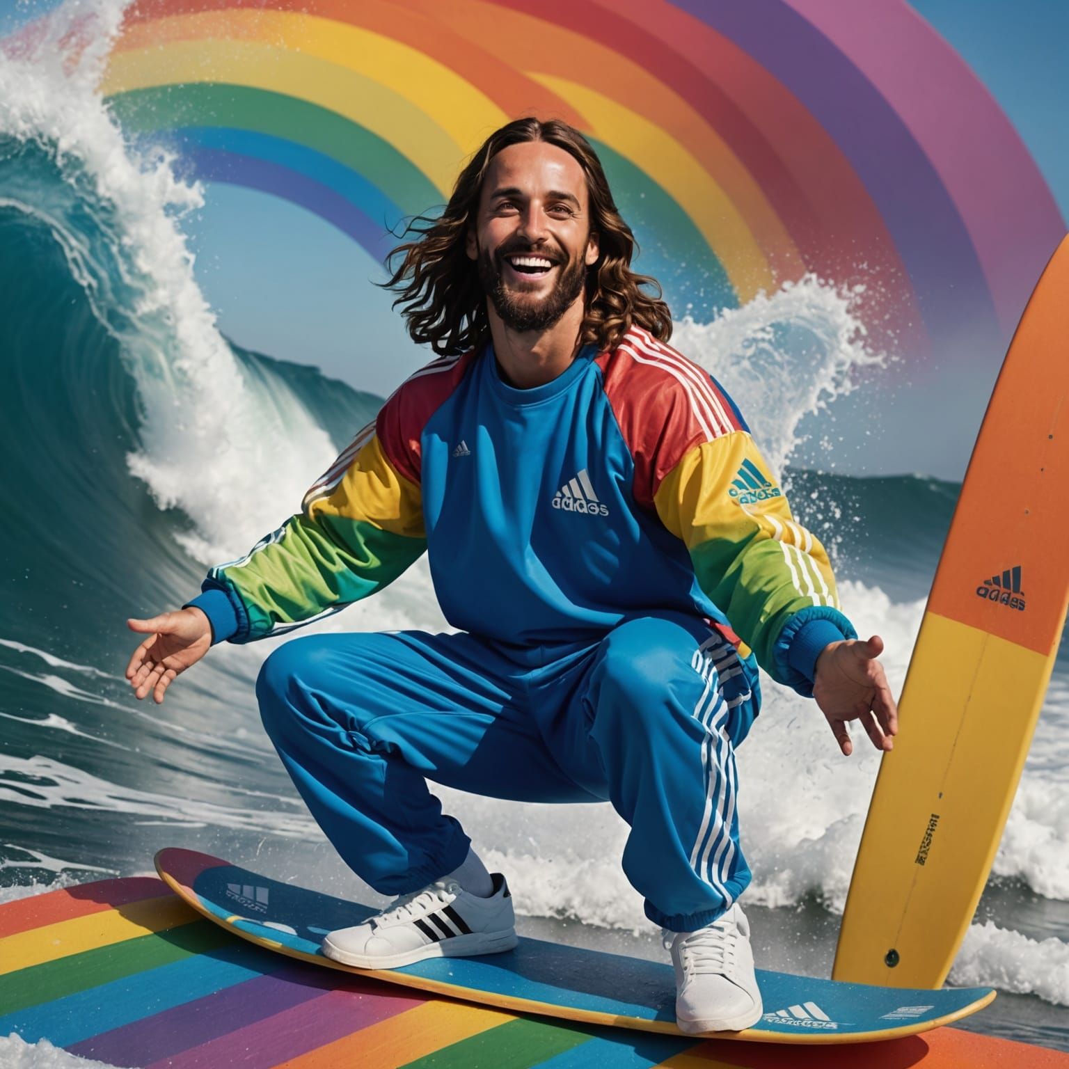 Htperdetailed Smiling Jesus christ in adidas tracksuit surfi...