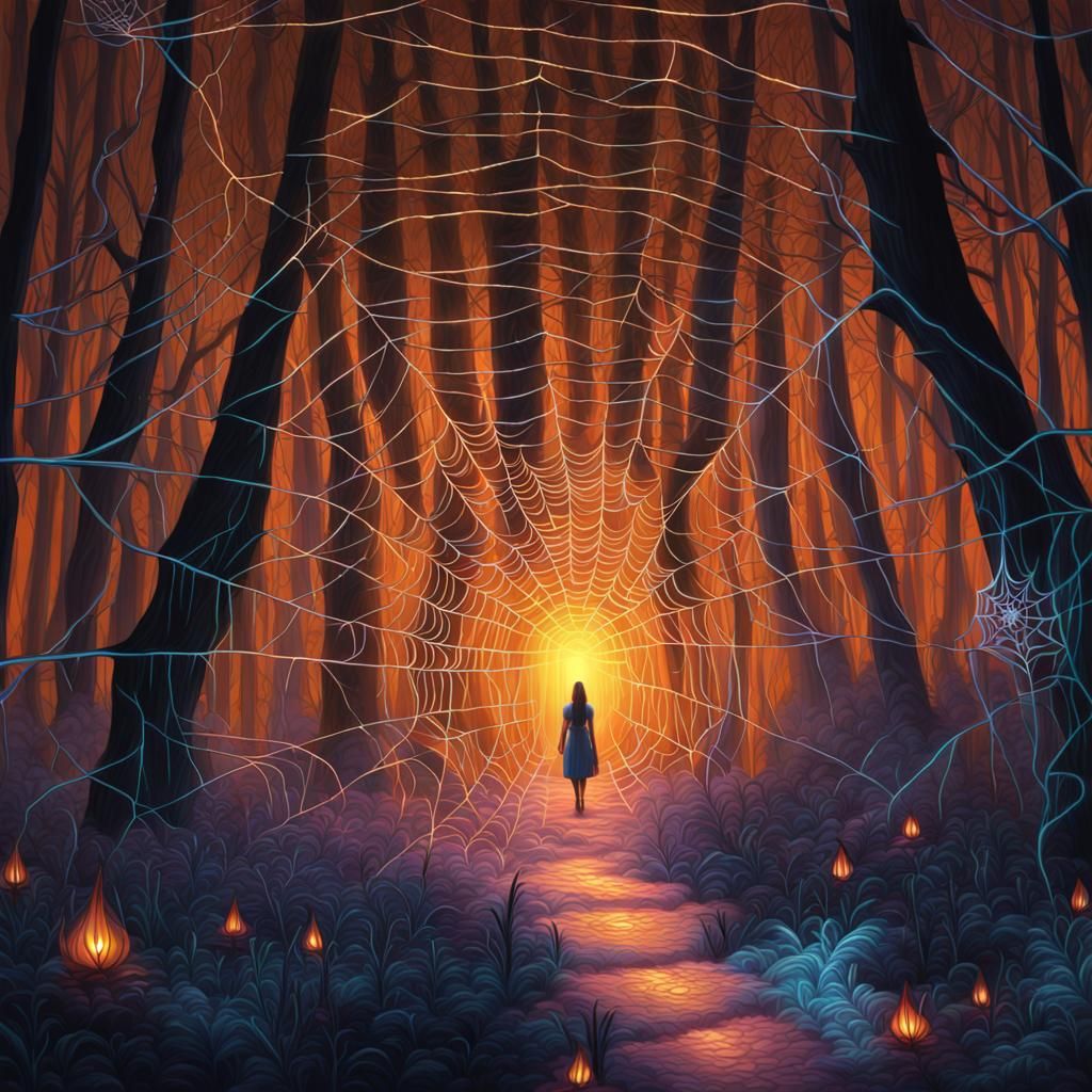 Enchanted Luminescent Spiderwebs in Mystical Forest