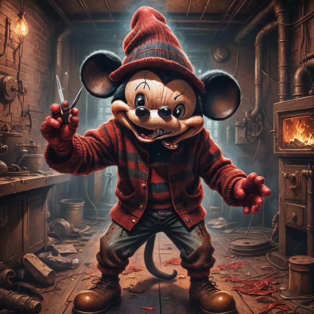 A Hyperrealistic demon Mickey Mouse with bright fiery eyes, dressed as Freddy Kruger from the Nightmare on Elm Street Mo...