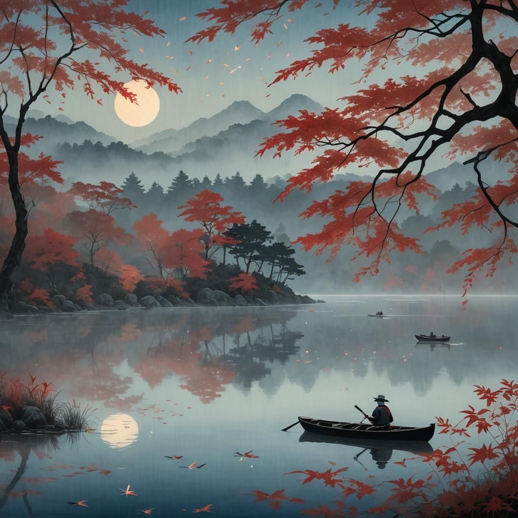 Moonlit Lake with Boat in Ukiyo-e Style
