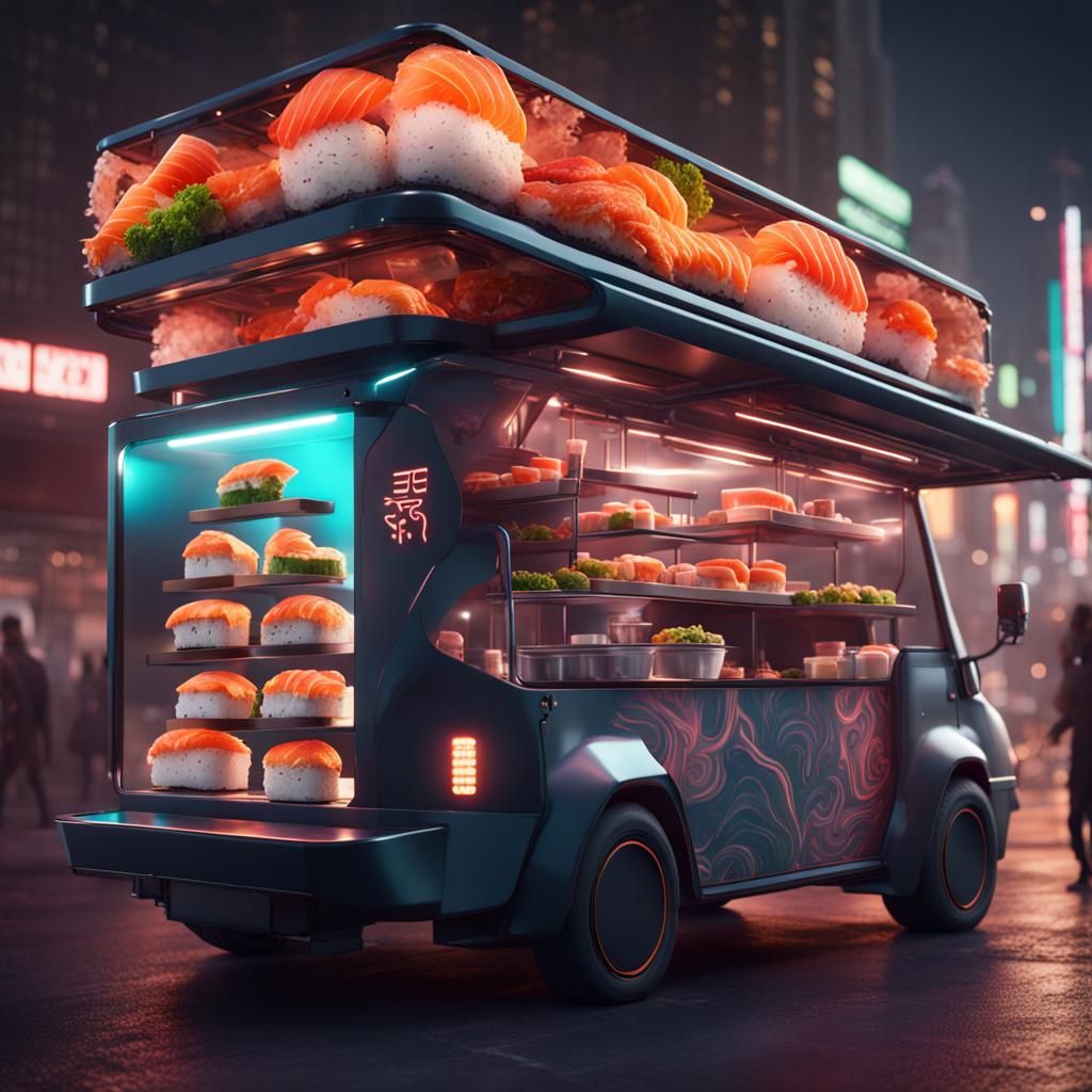Futuristic Sushi Truck: Detailed Matte Painting