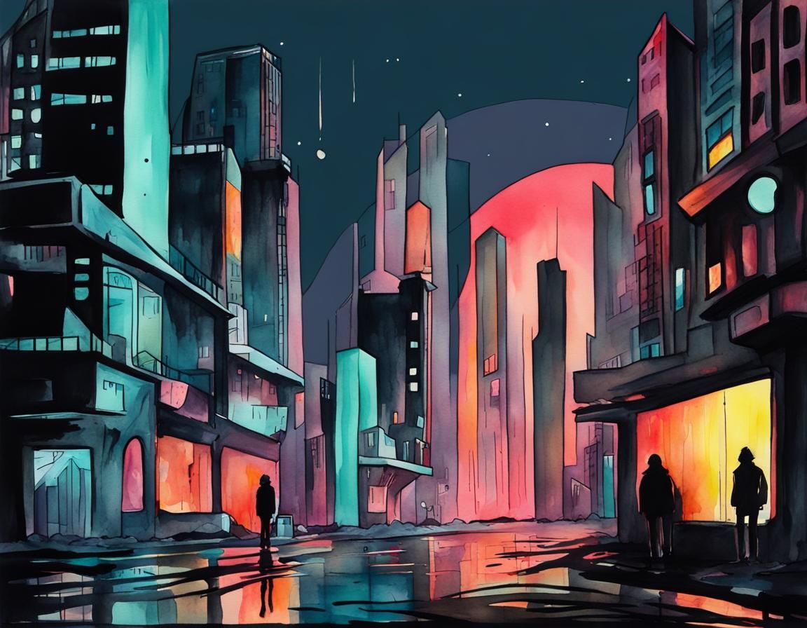 Eerie Futuristic City at Night in Psychedelic Pop Art