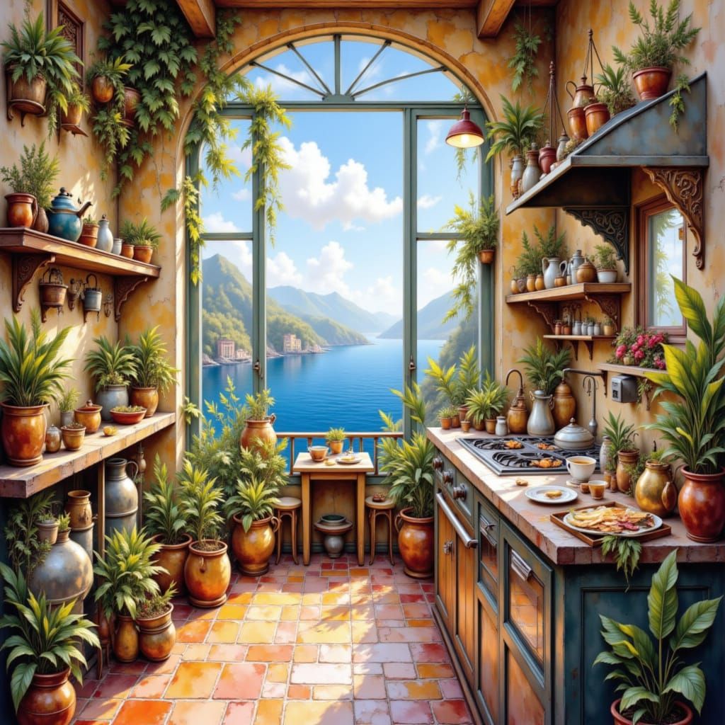 Sun-Drenched Mediterranean Kitchen Overlooking Ocean