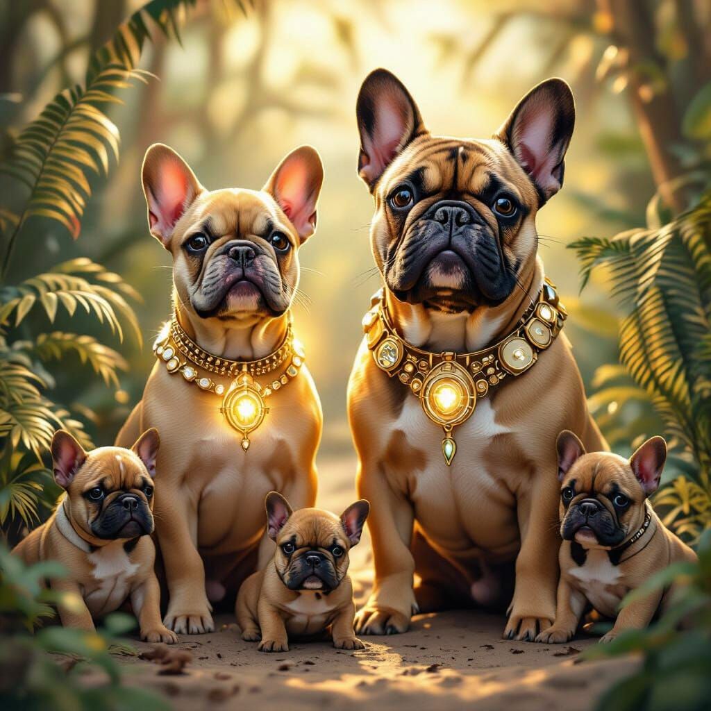 Golden Fern French Bulldog with Mother in Digital Art Style