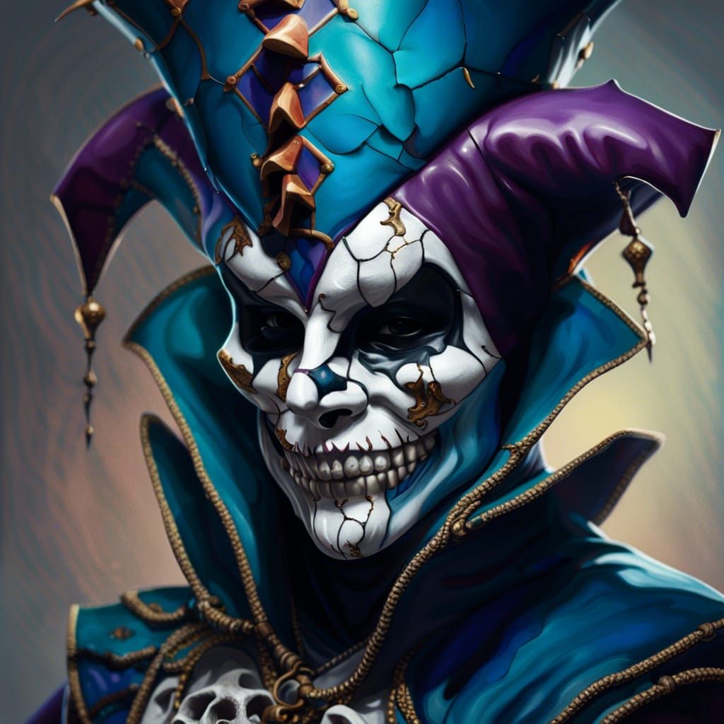 Cracked Porcelain Jester Mask Reveals Skull