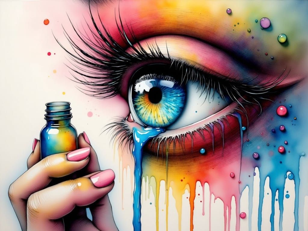 Giant Hand Cradles Vibrant Tears Flowing from a Mascara-Lade...