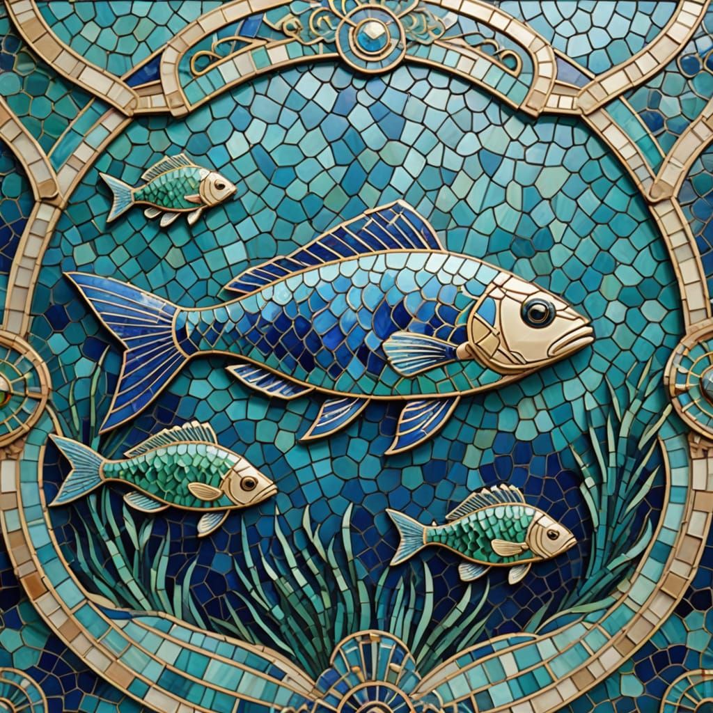 Art Deco Ocean Mosaic with Opalescent Fish