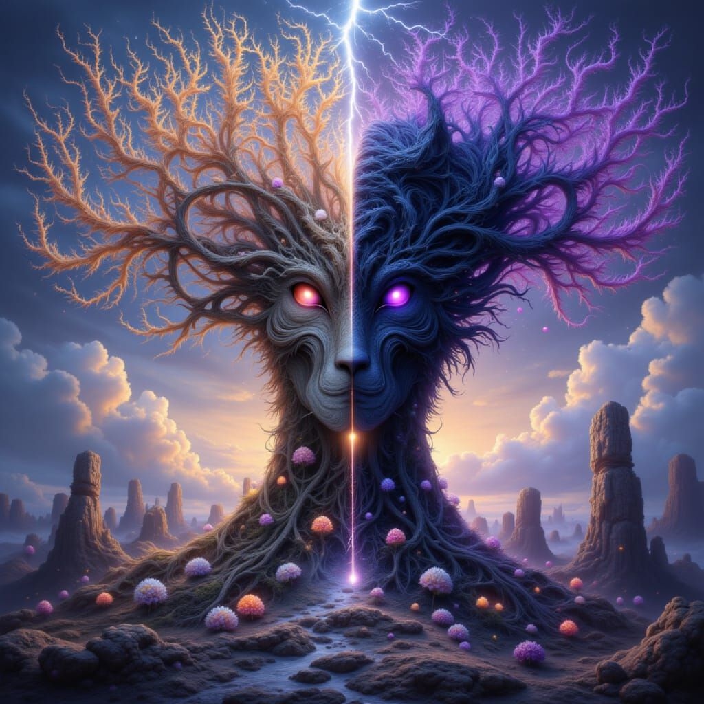 Ancient Tree Split by Lightning, Dreamy Pastel Art