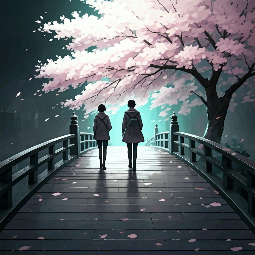 Cherry Blossom Bridge Walk: Atmospheric Airbrush Art