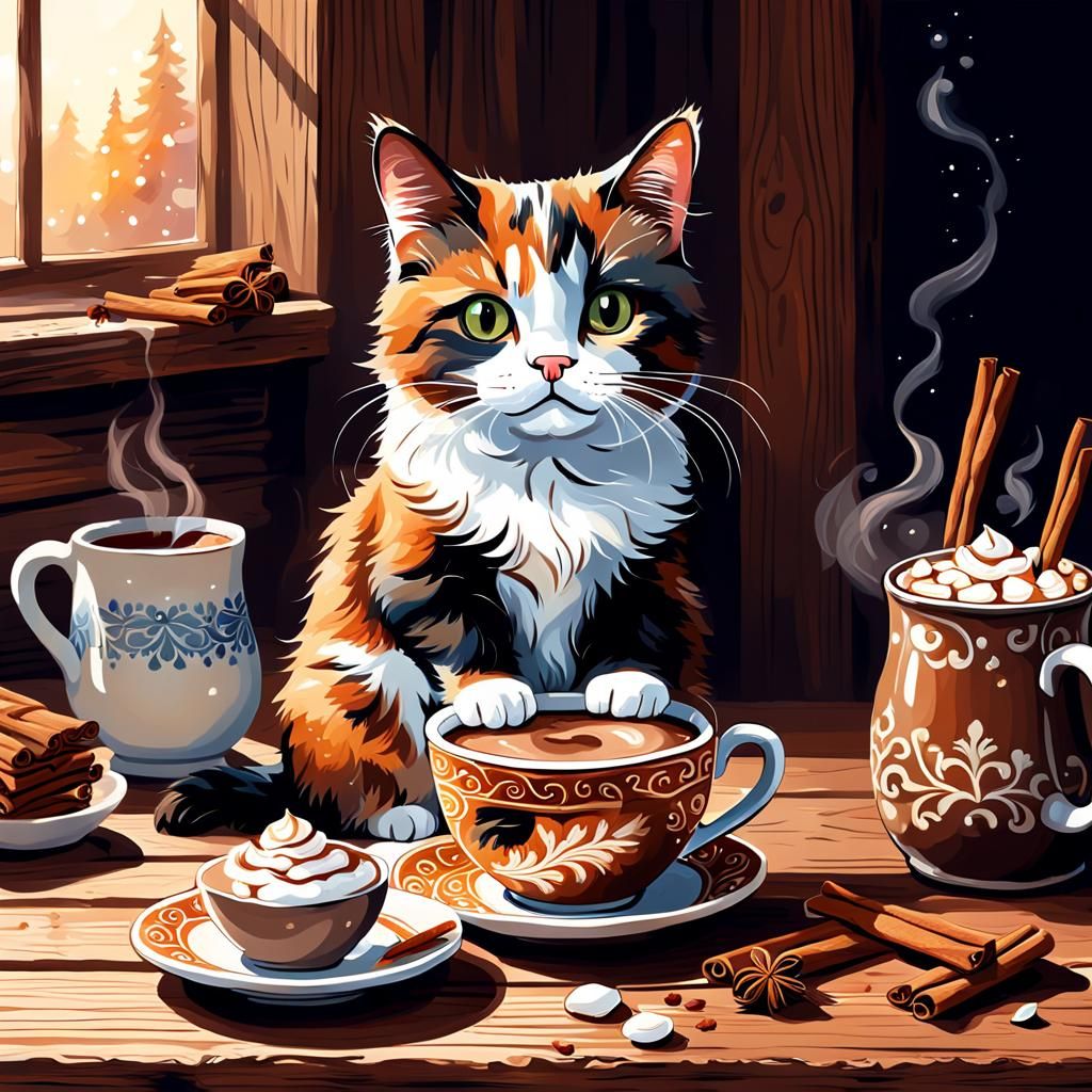 Calico Cat Enjoying Cinnamon Hot Chocolate