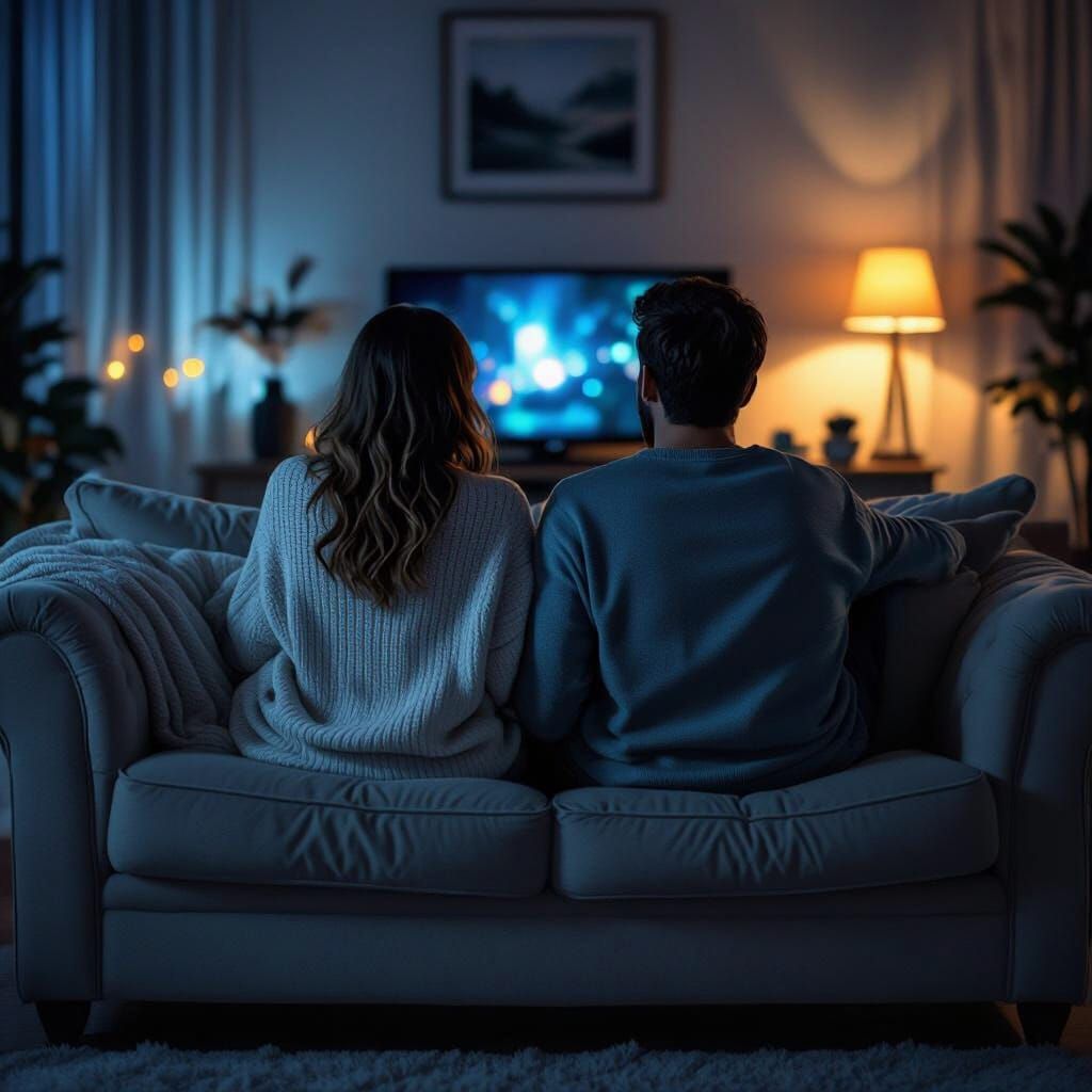 Cozy Couple Watching TV, Moody Cinematic Lighting