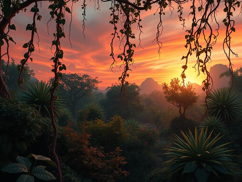 Ethereal Sunset Garden in Whimsical Style