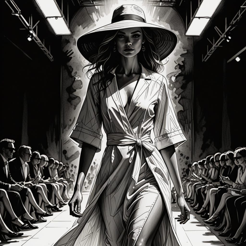 Sophisticated Fashion Model Struts Catwalk in Pencil Sketch ...