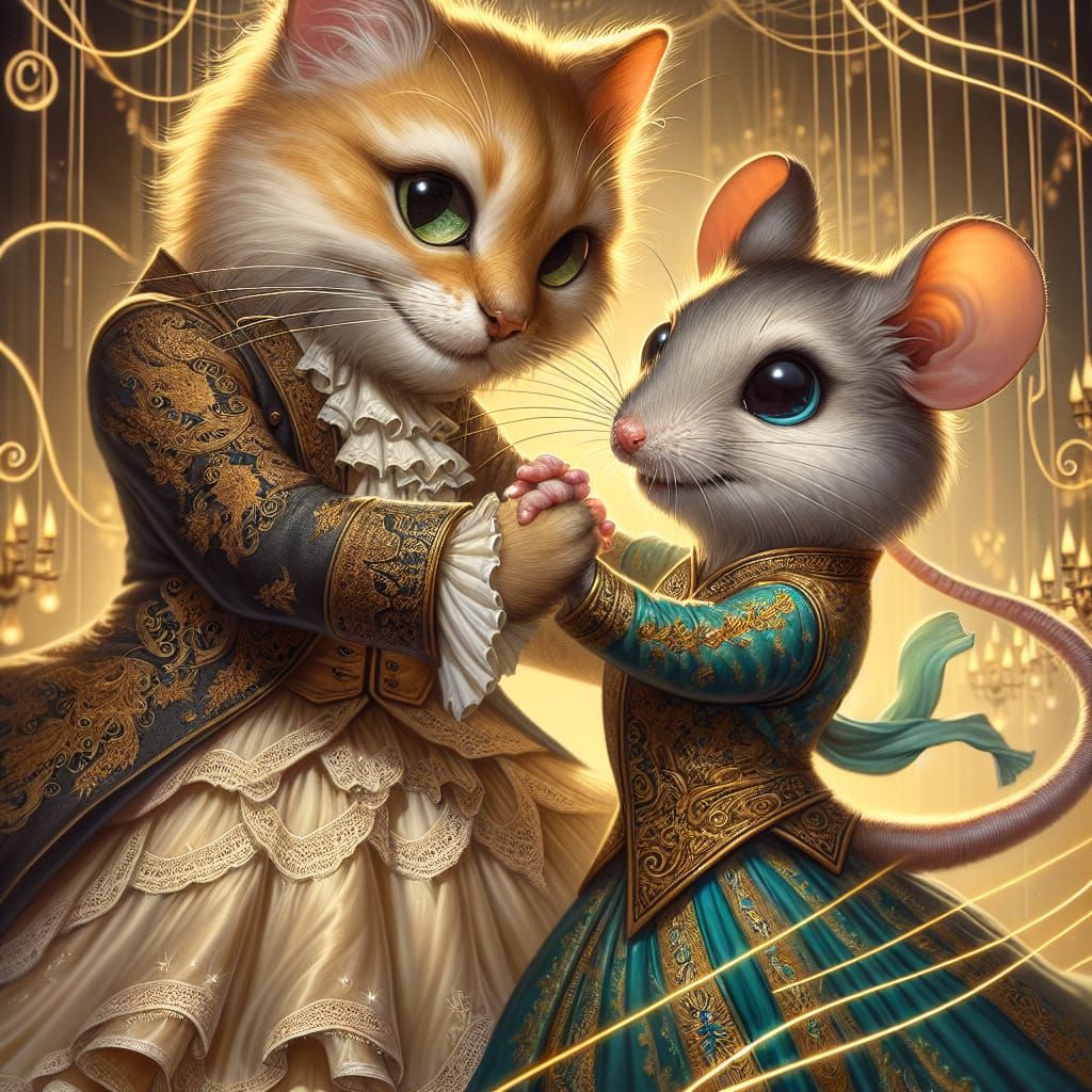 Anthropomorphic Cat and Mouse Dancing in Harmony