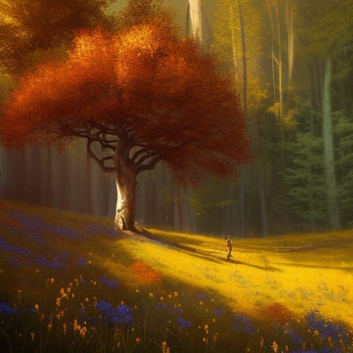 Golden Aspen Tree in Flower Meadow, Gothic Art