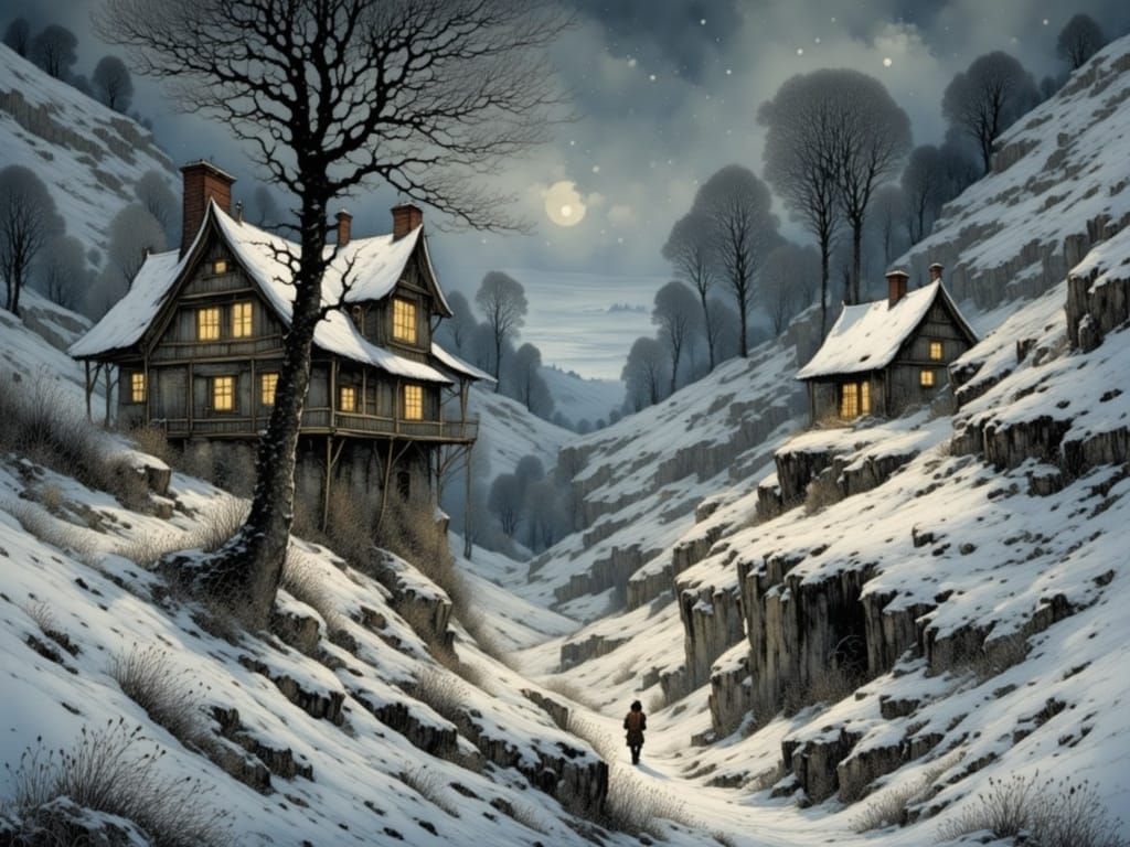 Snowy Valley Scene with Cozy House and Lonely Hiker at Night