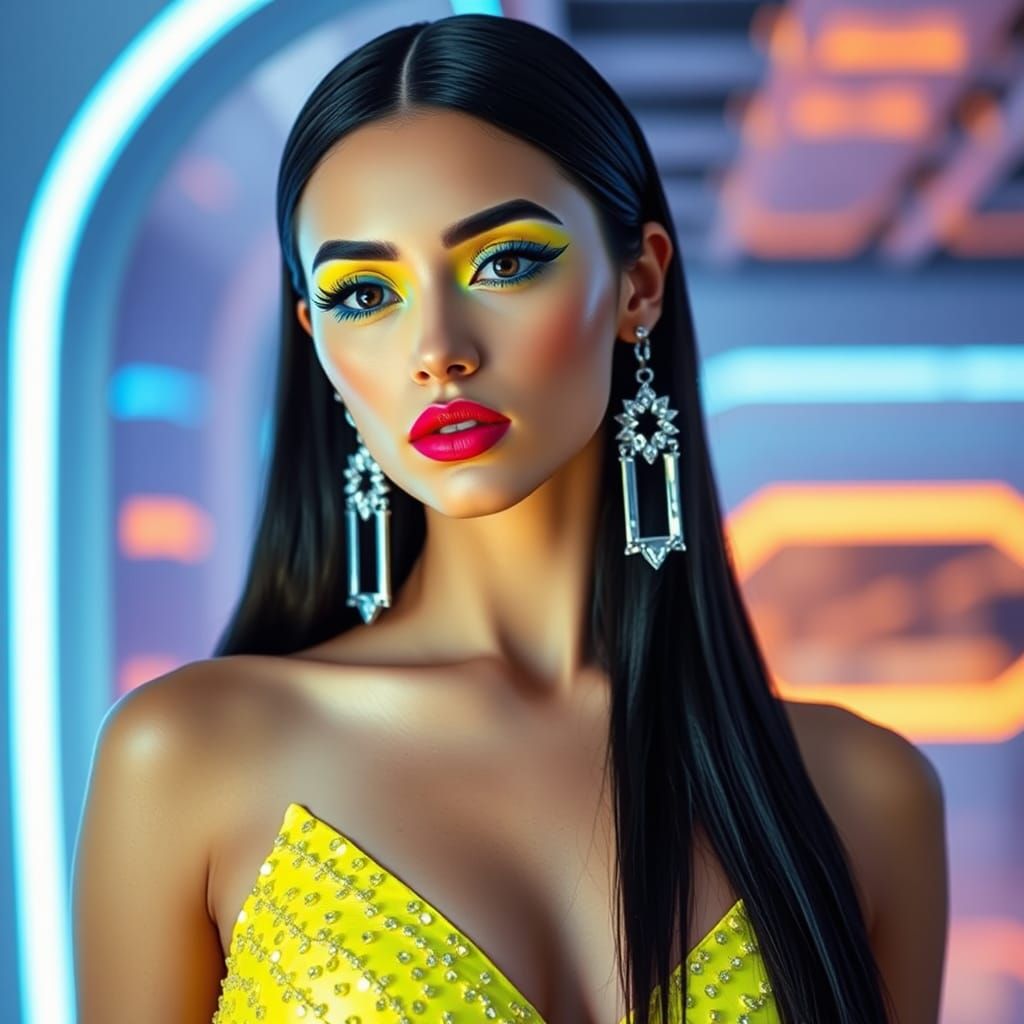 Futuristic Glamour: Woman in Neon Dress with Bold Makeup