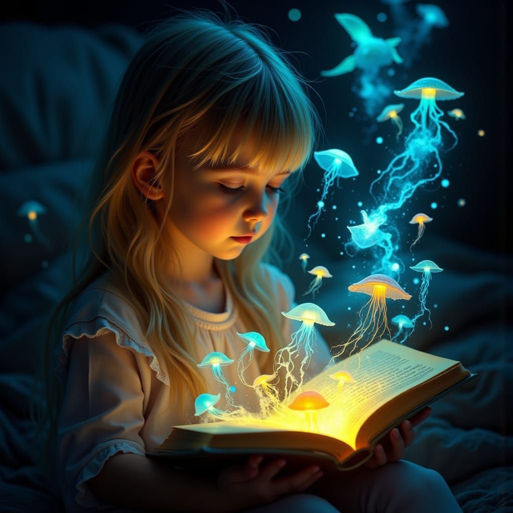 Girl Reading Magical Book with Energy Creatures