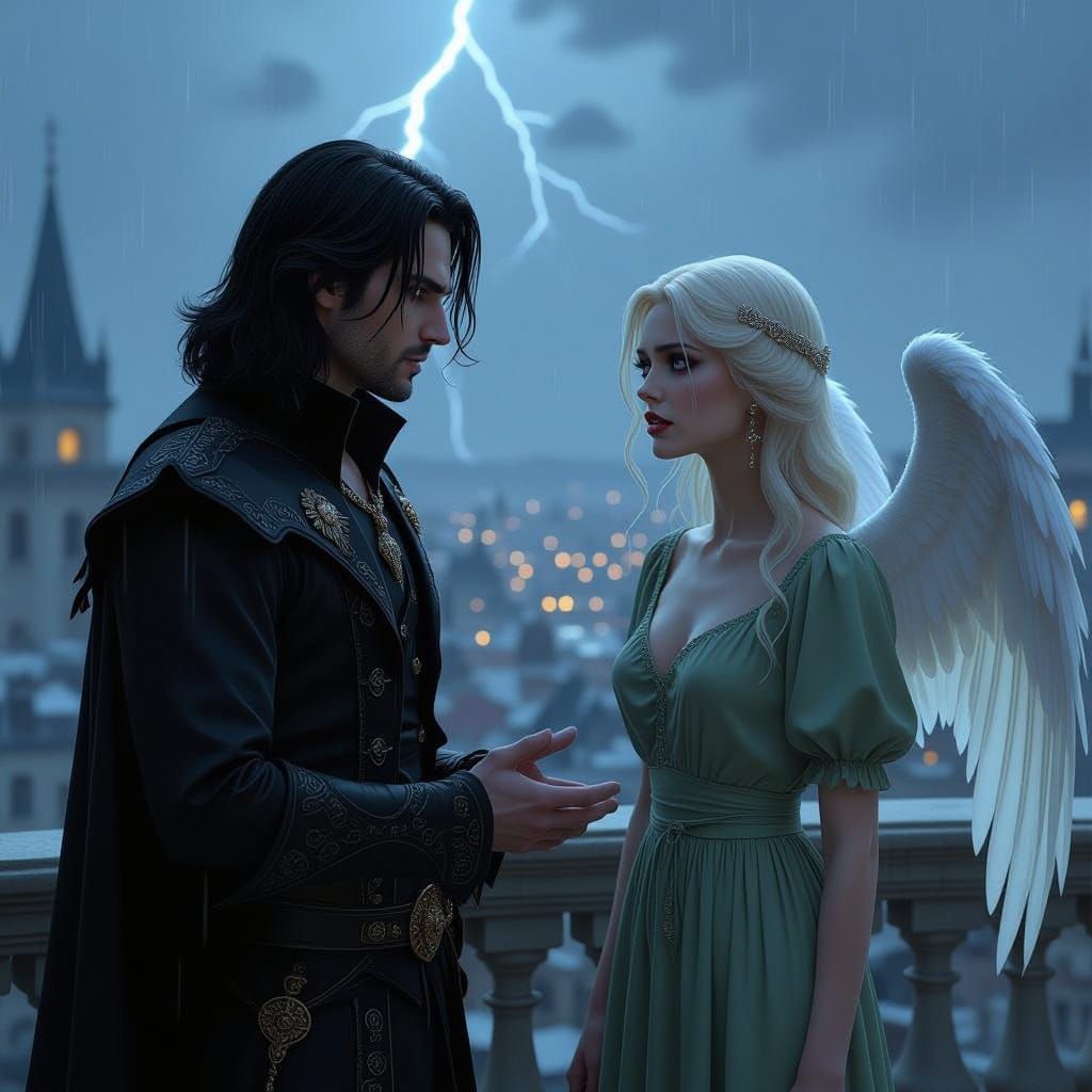 Gothic Vampire Argues with Crying Woman on Balcony in Storm